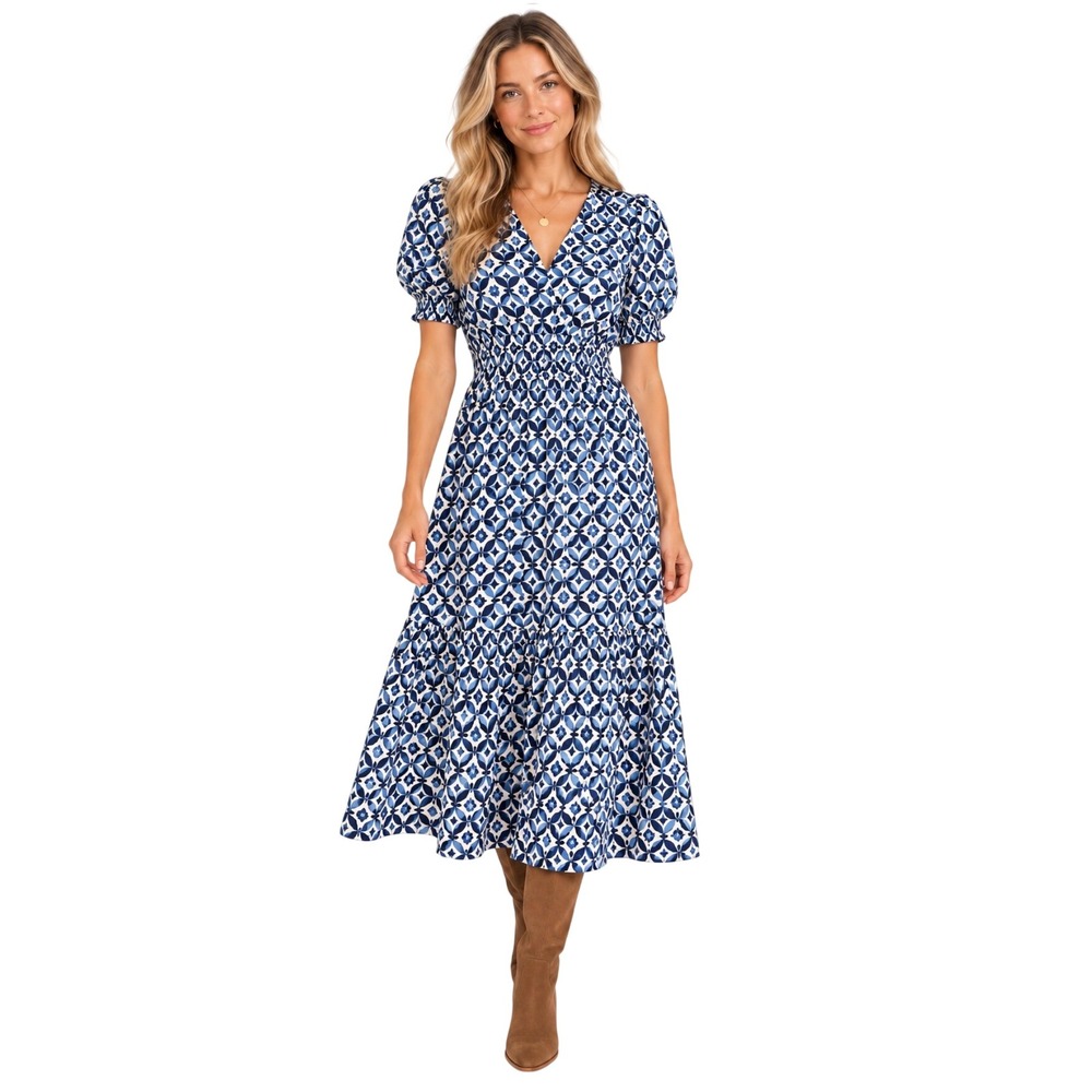 NWT Boden Blue White Geometric Floral Midi Dress US 12P UK 16P Short Puff Sleeve